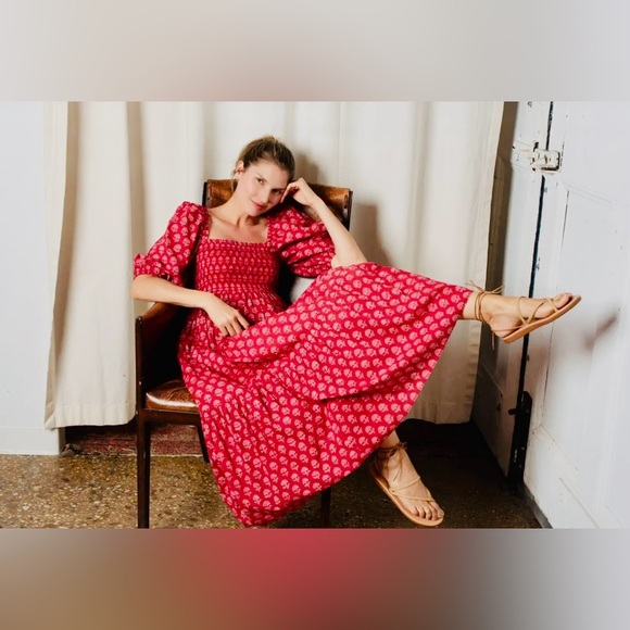 Ophelia & Indigo Red & Pink hydrangea square neck, midi bohemian dress - Picture 4 of 6